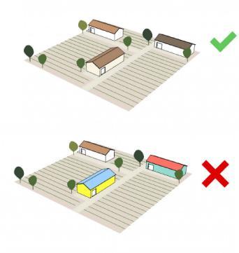 színhasználata során javasolt a tájba illő színek alkalmazása (sötétbarna, téglavörös).