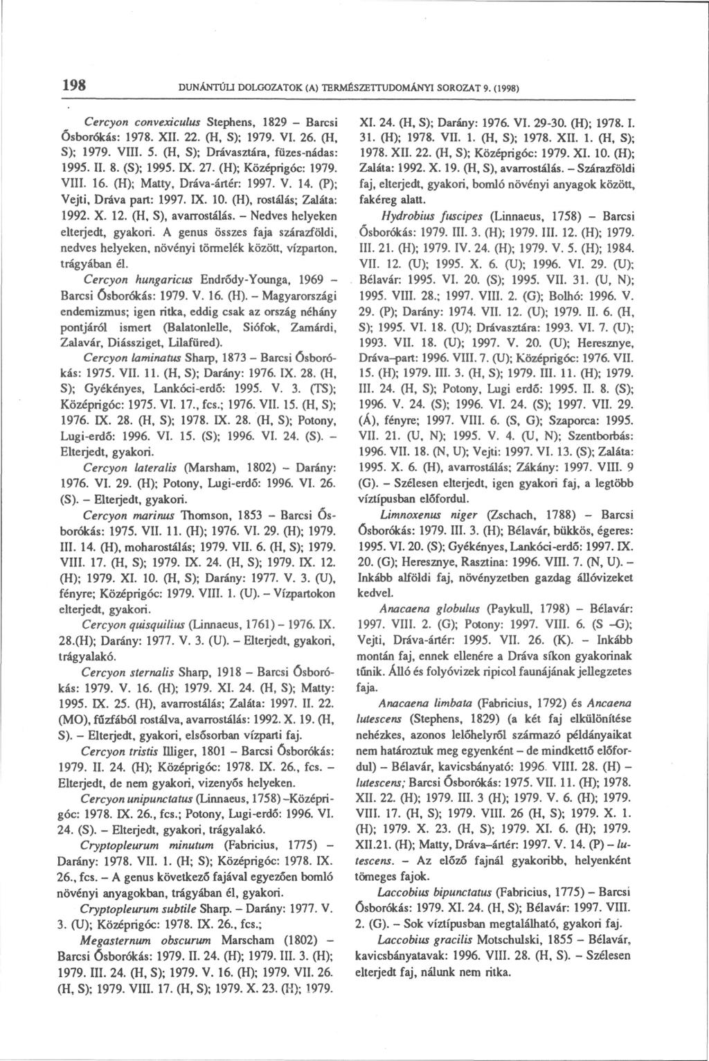 198 DUNÁNTÚLI DOLGOZATOK (A) TERMÉSZETTUDOMÁNYI SOROZAT 9. (1998) Cercyon convexiculus Stephens, 1829 Barcsi Ősborókás: 1978. XII. 22. (H, S); 1979. VI. 26. (H, S); 1979. VIII. 5.