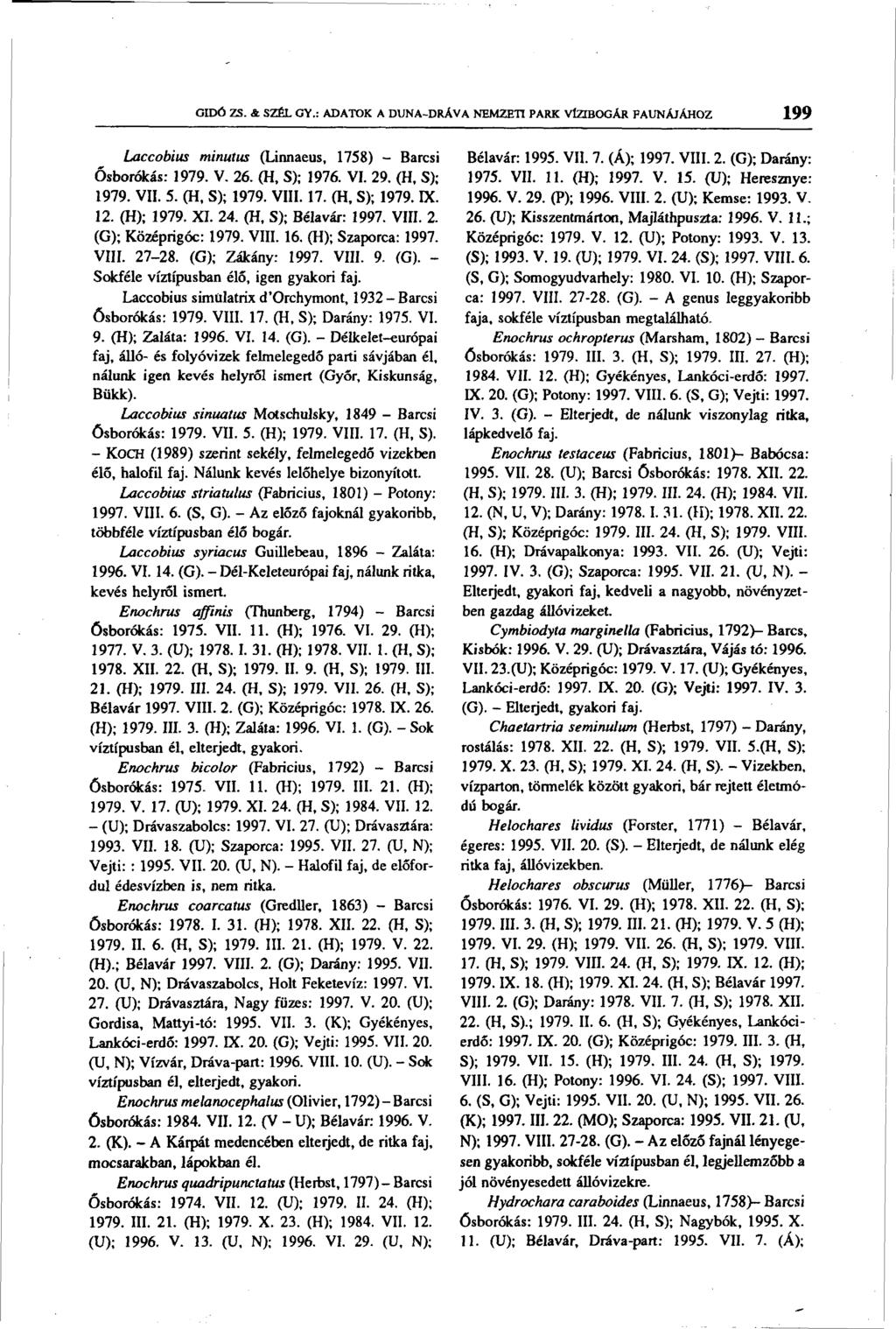GIDÓ ZS. & SZÉL GY.: ADATOK A DUNA-DRÁVA NEMZETI PARK VlZIBOGÁR FAUNÁJÁHOZ 199 Laccobius minutus (Linnaeus, 1758) - Barcsi Ősborókás: 1979. V. 26. (H, S); 1976. VI. 29. (H, S); 1979. VII. 5.