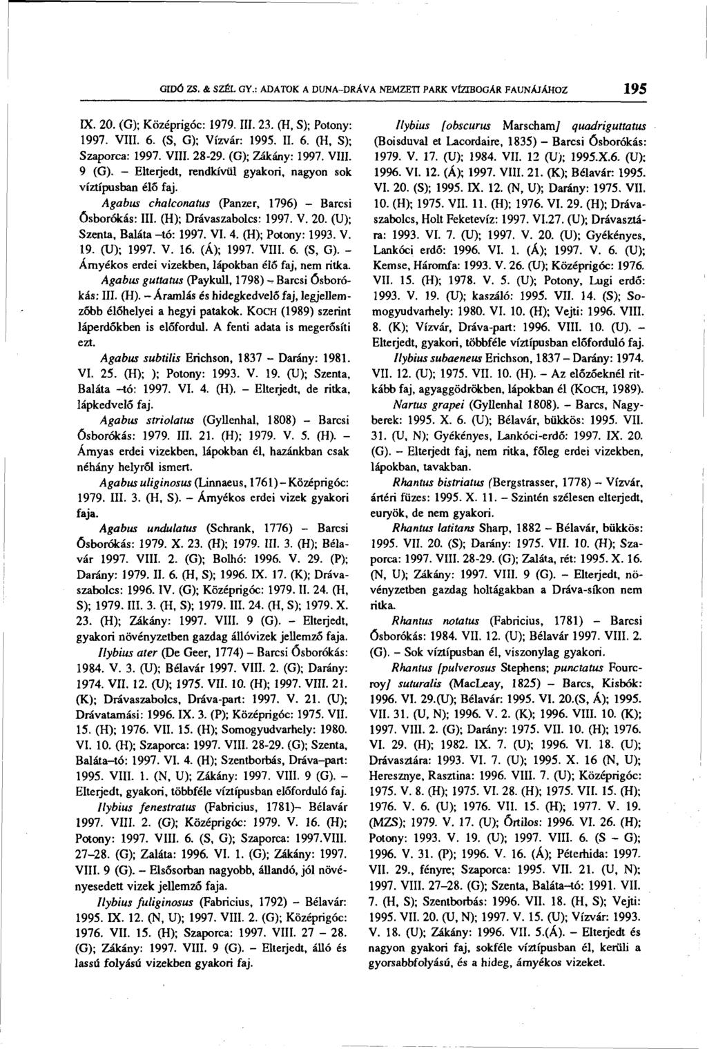 GIDÓ ZS. & SZÉL GY.: ADATOK A DUNA-DRÁVA NEMZETI PARK VÍZTBOGÁR FAUNÁJÁHOZ 195 IX. 20. (G); Középrigóc: 1979. III. 23. (H, S); Potony: 1997. VIII. 6. (S, G); Vízvár: 1995. II. 6. (H, S); Szaporca: 1997.