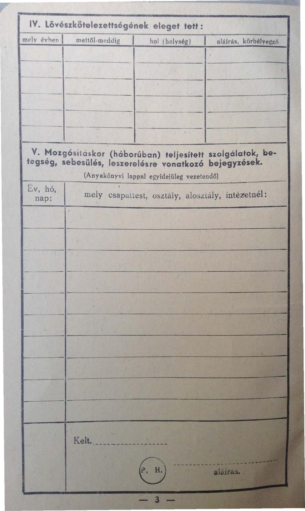 IV. Lövészkötelezettségének eleget tett: mely évhen m e ttől m e ddi g hol helység J aláírás, kö rbélye gz ő... ~ ~ V. Mozgósi~áskor (háborúba.