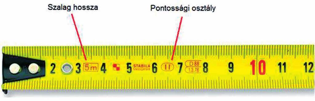 48 Épületgépészeti alapfogalmak A legtöbb mérőszalag a Class II pontossági osztályba tartozik, vagyis 1 méteres távolságon legfeljebb 0,5 mm hibatűréssel mérhet.