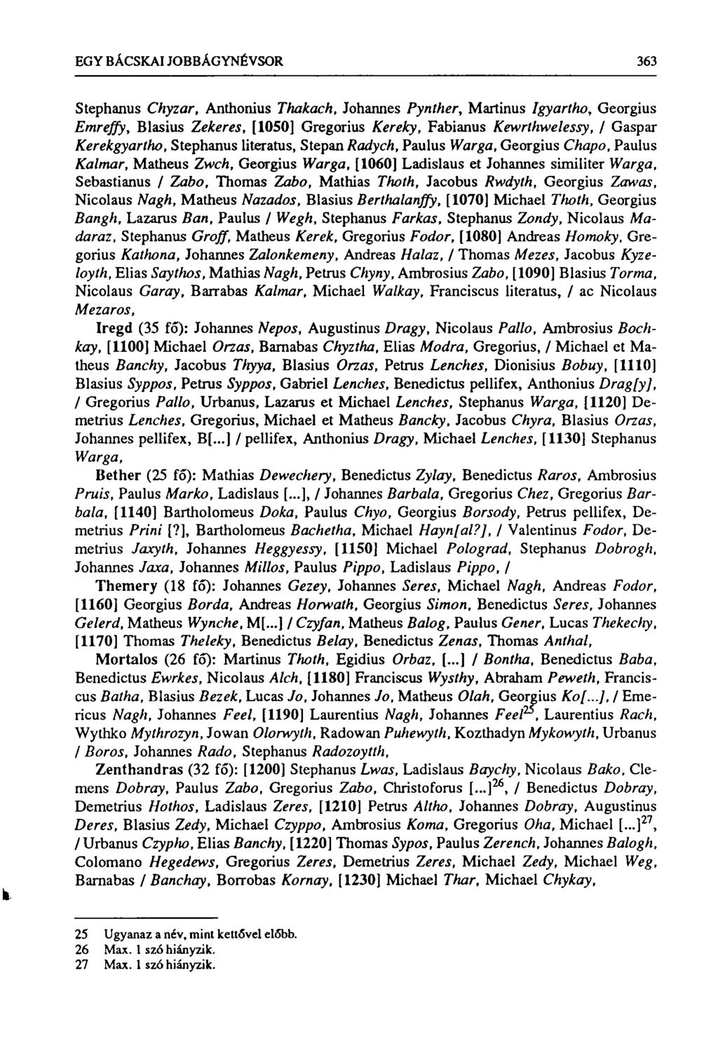 EGY BÁCSKAI JOBBÁGYNÉVSOR 363 Stephanus Chyzar, Anthonius Thakach, Johannes Pynther, Martinus Igyartho, Georgius Emreffy, Blasius Zekeres, [1050] Gregorius Kereky, Fabianus Kewrlhwelessy, / Gaspar