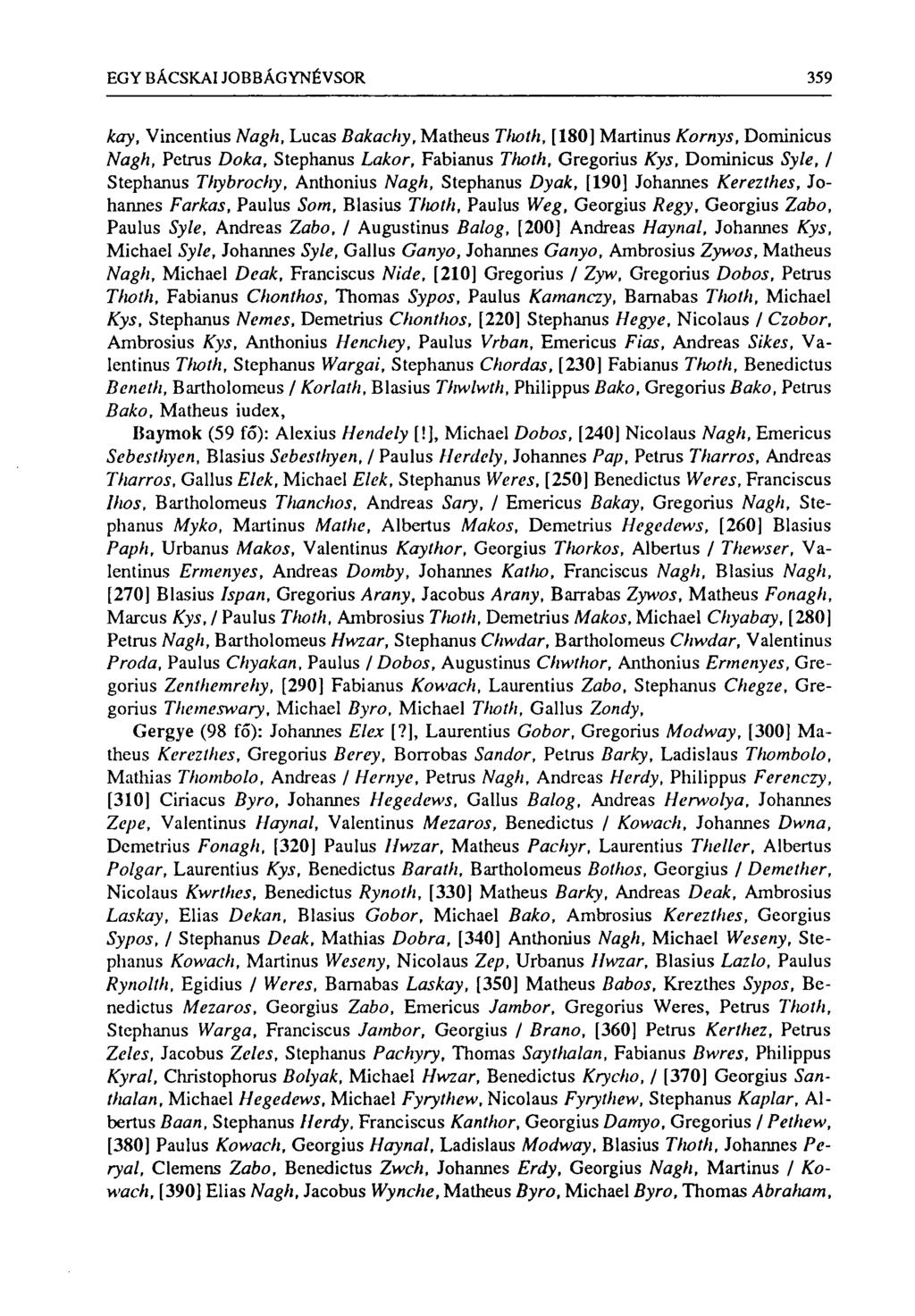 EGY BÁCSKAI JOBBÁGYNÉVSOR 359 kay, Vincentius Nagh, Lucas Bakachy, Matheus Thoth, [180] Martinus Kornys, Dominicus Nagh, Petrus Doka, Stephanus Lakor, Fabianus Thoth, Gregorius Kys, Dominicus Syle, /