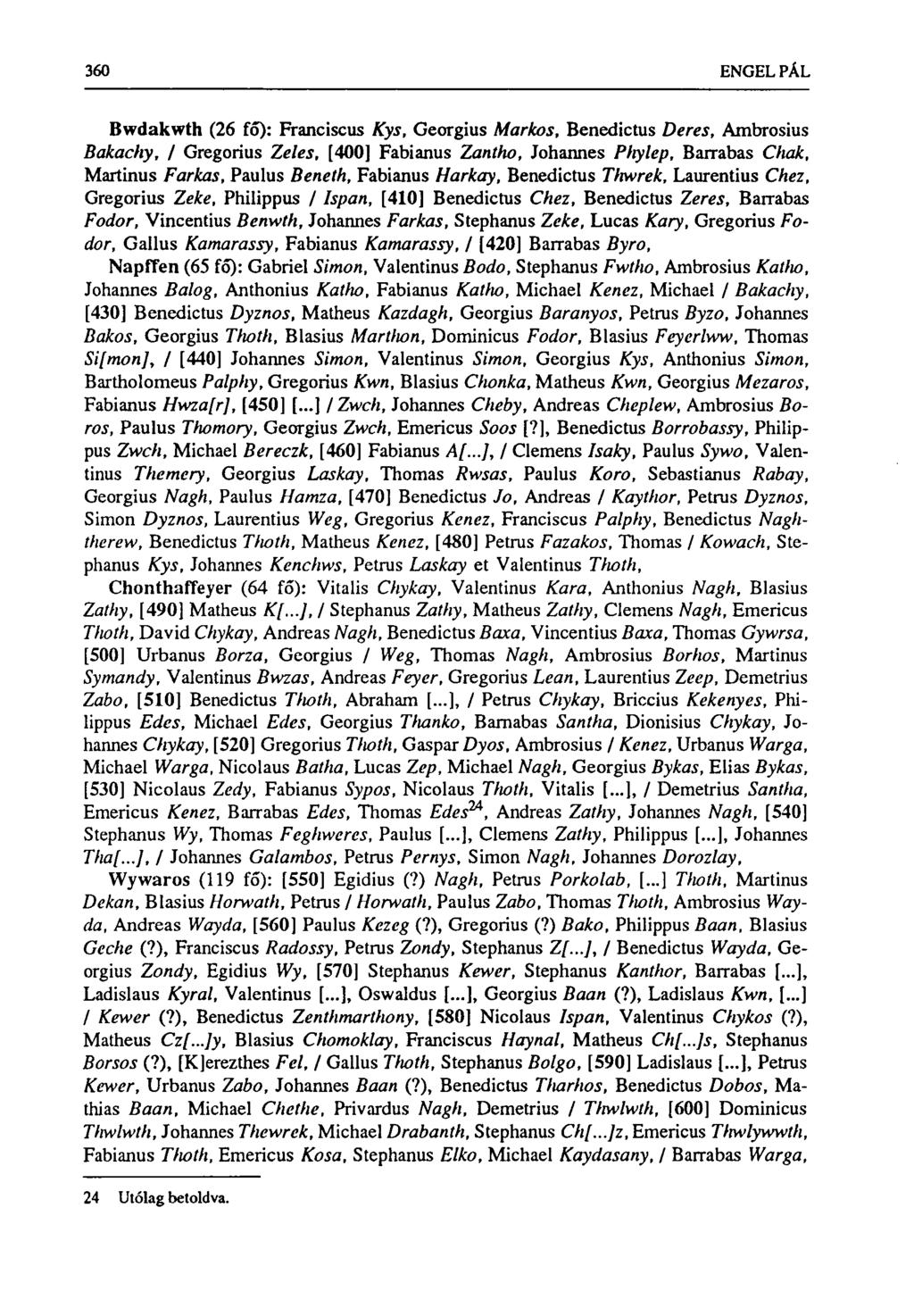 360 ENGEL PÁL Bwdakwth (26 fő): Franciscus Kys, Georgius Markos, Benedictas Deres, Ambrosius Bakachy, / Gregorius Zeles, [400] Fabianus Zantho, Johannes Phylep, Barrabas Chak, Martinus Farkas, Paulus