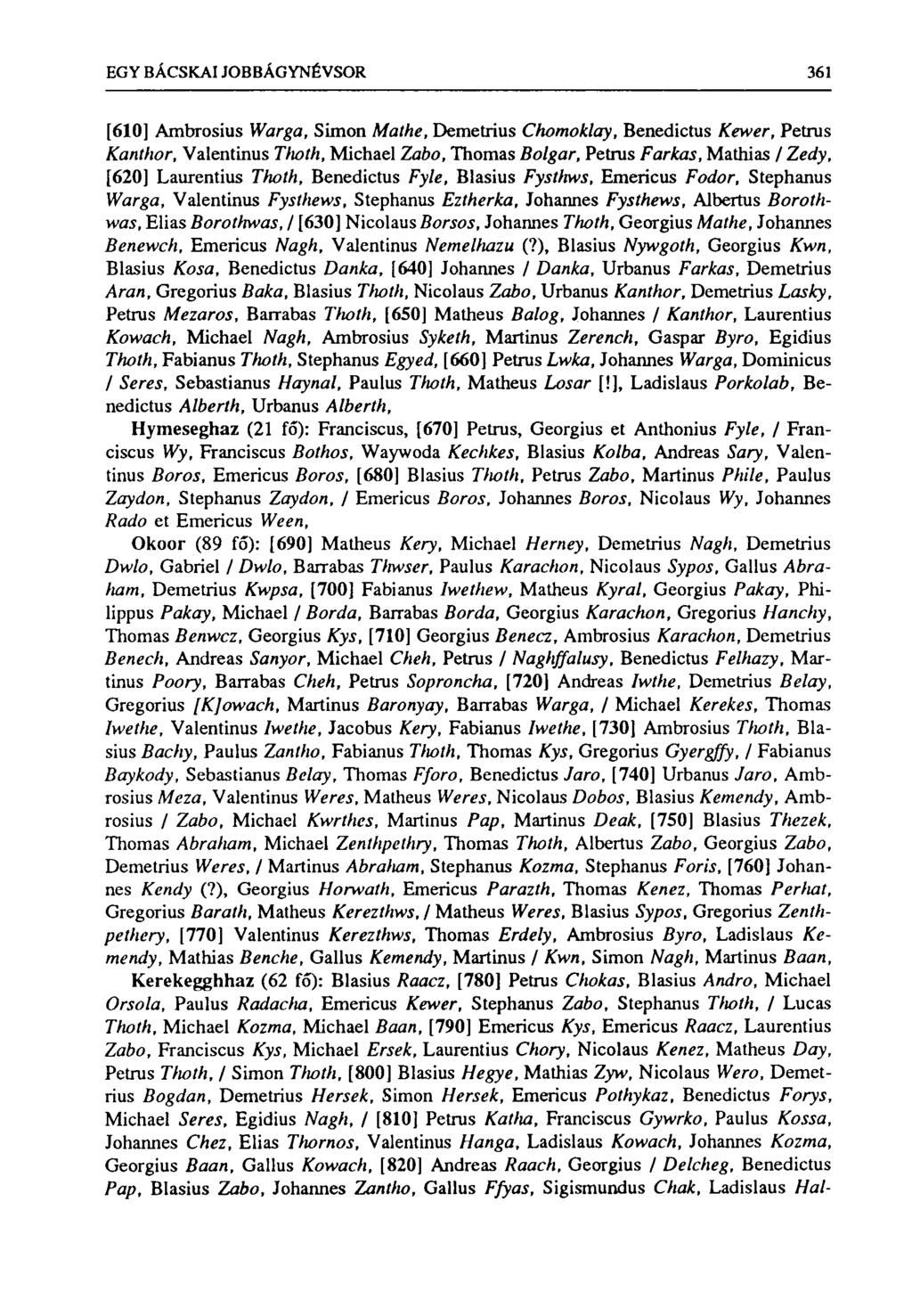 EGY BÁCSKAI JOBBÁGYNÉVSOR 361 [610] Ambrosius Warga, Simon Mathe, Demetrius Chomoklay, Benedictus Kewer, Petrus Kantkor, Valentinus Thoth, Michael Zabo, Thomas Bolgár, Petrus Farkas, Mathias / Zedy,