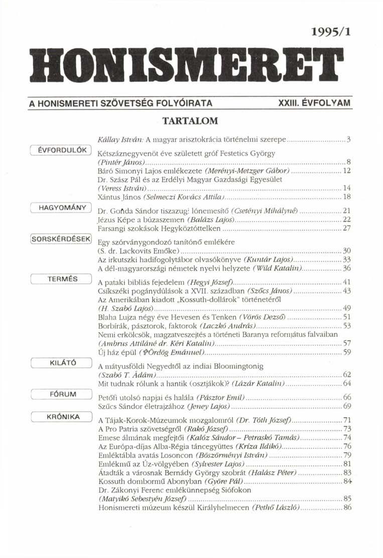 1995/1 HONISMERET A HONISMERETI SZÖVETSÉG FOLYÓIRATA XXIII.