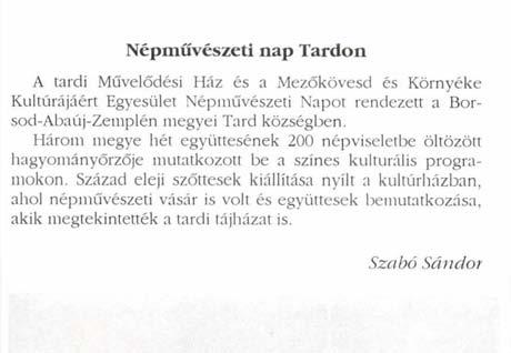Népművészeti nap Tardon A tardi Művelődési Ház és a