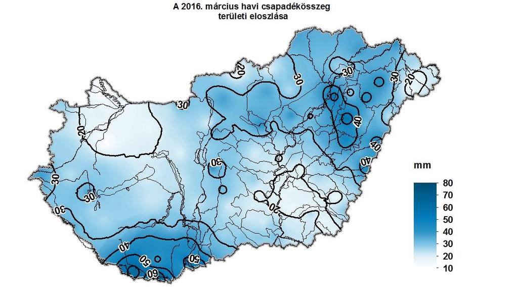 1. HELYZETÉRTÉKELÉS Csapadék 2016 márciusában a rendelkezésre álló adatok szerint az ország területére lehullott csapadék mennyisége 12 mm (Mosonmagyaróvár) és 71 mm (Drávaszabolcs) között alakult.