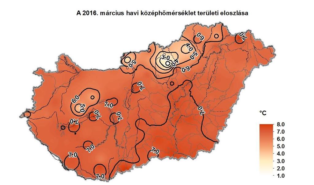 Léghőmérséklet A március havi középhőmérséklet 1,2 C (Kékestető) és 7,5 C (Jánoshalma) között alakult, az országos területi átlagérték 6,5 C volt, ami a sokévi (1971-2000) márciusi átlagnál 1,4 C-kal