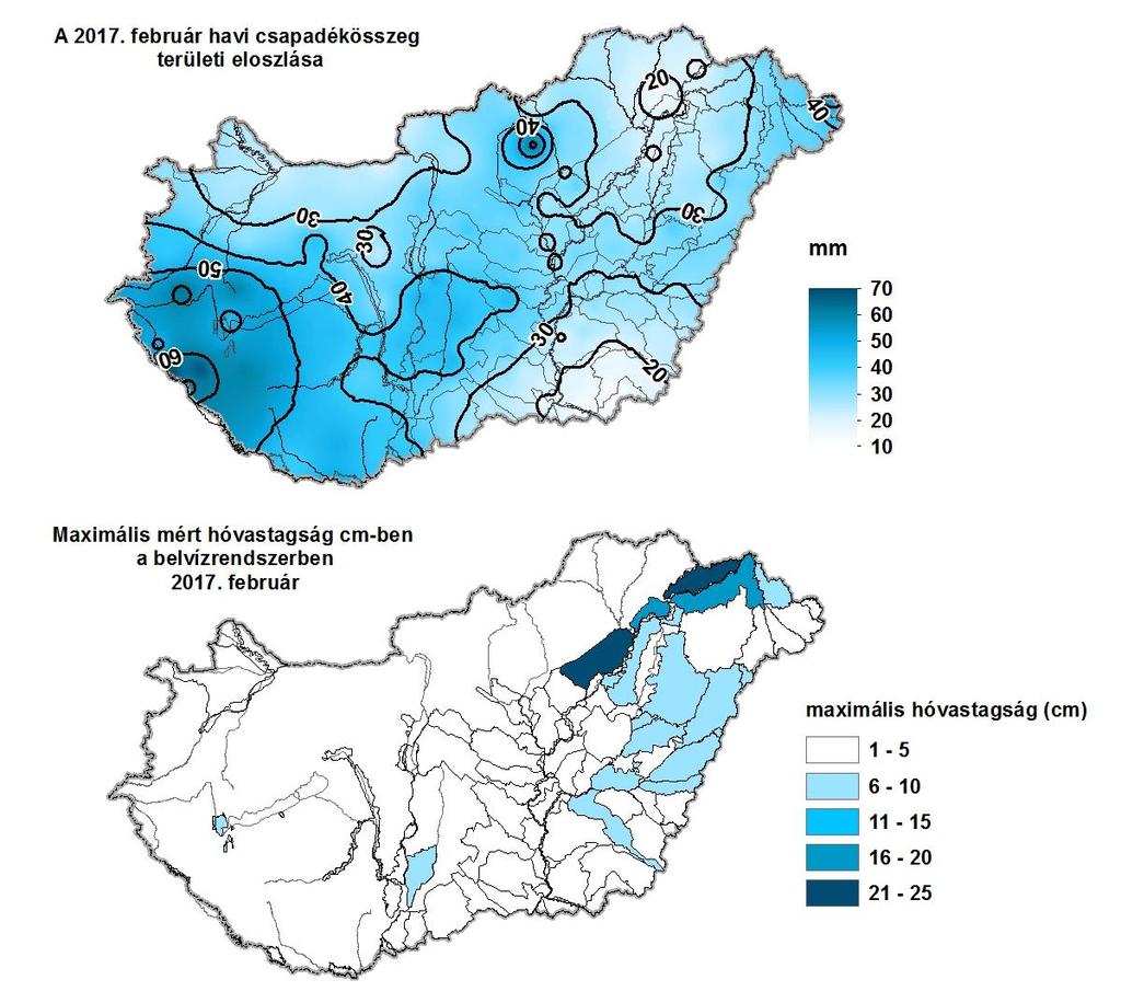 1. HELYZETÉRTÉKELÉS Csapadék 2017 februárjában a rendelkezésre álló adatok szerint az ország területére lehullott csapadék mennyisége 13 mm (Pitvaros) és 70 mm (Letenye) között alakult.