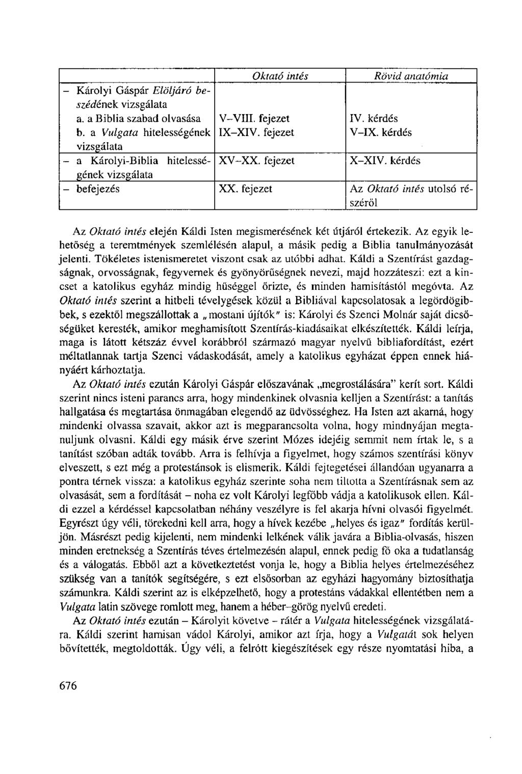 - Károlyi Gáspár Elöljáró beszédének vizsgálata a. a Biblia szabad olvasása b. a Vulgata hitelességének vizsgálata - a Károlyi-Biblia hitelessé Oktató intés V-VIII. fejezet IX-XIV. fejezet XV-XX.