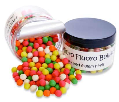 Micro Fluoro Boilies 200ml Hi-Viz narancssárga, zöld, rózsaszín és sárga minibojli, ízesítés nélkül, 6 illetve