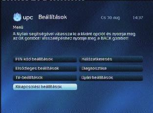 Kikapcsolási beállítások A menüpont segítségével beállíthatja a set-top-box készenléti állapotát, valamint az inaktivitás esetén bekövetkező automatikus kikapcsolást.
