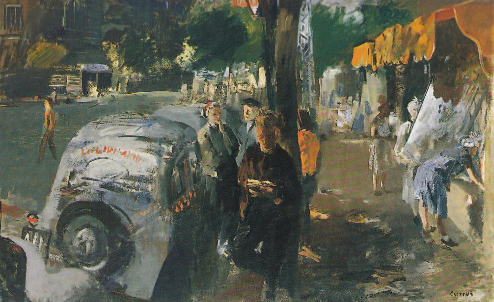 Csernus Tibor: Taxiállomás (1954) alakítani. átformálódott a tárgykultúra is. A kiállításon korabeli székeket, falvédőket, kisebb asztalokat láthatunk, absztrakt, geometrikus mintázatú függönyökkel.