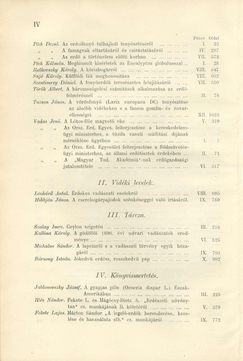 Pech Dezső. Az erdeifenyő tulhajlott tenyésztéséről............ I. 33 A famagvak eltartásáról és csiráztatásaról......... IV. 287 Az erdő a történelem előtti korban...._... VII. 572 Pech Kálmán.