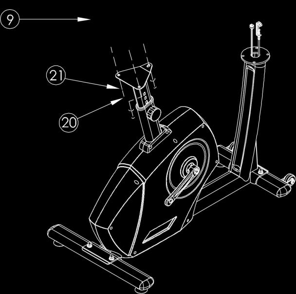 4. LÉPÉS: Első oszlop rögzítése Helyezze az első oszlopot (4) a fő vázhoz felülről és csatlakoztassa a számítógép kábelét és a feszítő drótot.
