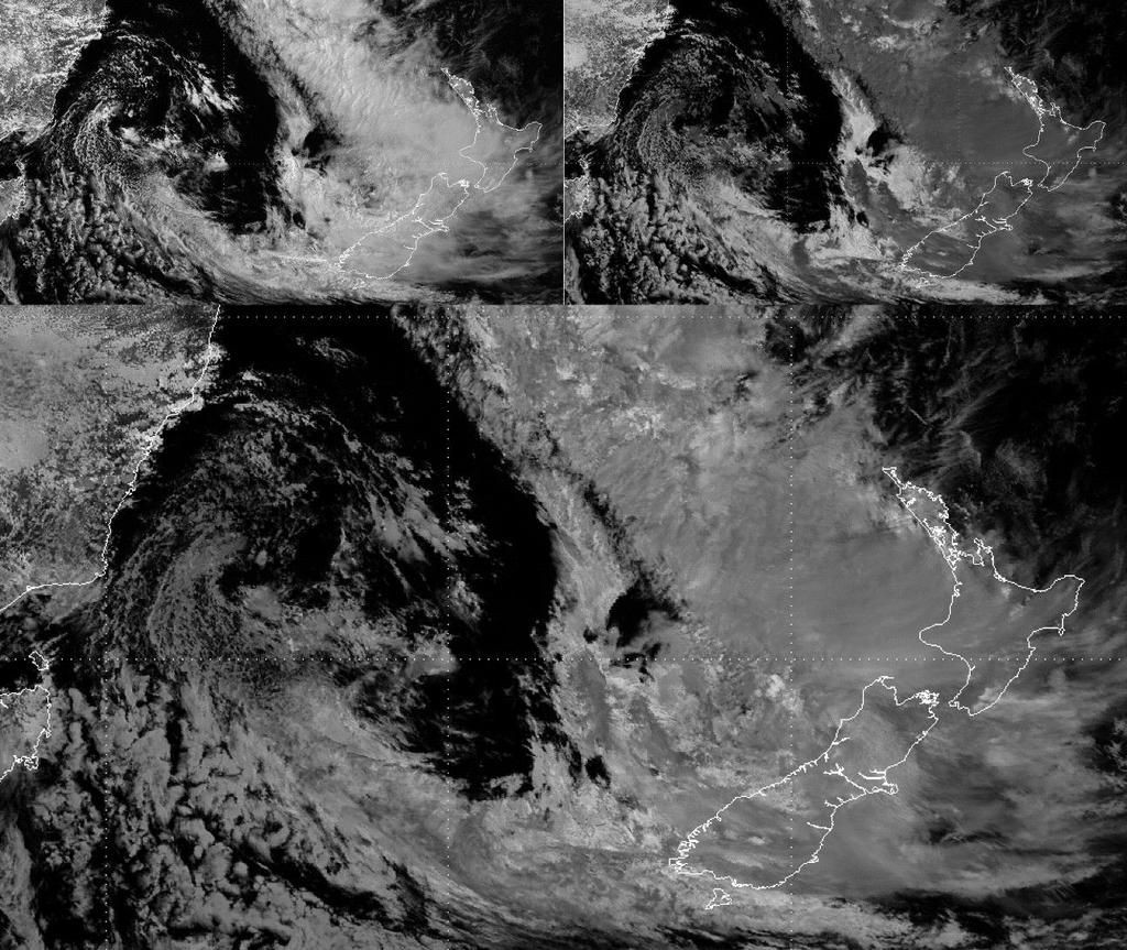 5.19. ábra: 2016-11-14 03:00 UTC-kor Új-Zéland térségében elhelyezkedő ciklonról készült műholdképek: NIR0.86 (bal fenn, 0-100% reflektivitás tartomány), NIR1.