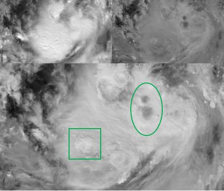 5.20. ábra: 2016-11-04 03:00 UTC-kor a Filippínó-tenger felett elhelyezkedő zivatarrendszer, a VIS0.47 (balra fenn), NIR1.6 (jobbra fenn) és NIR2.25 (alul) Az 5.21.