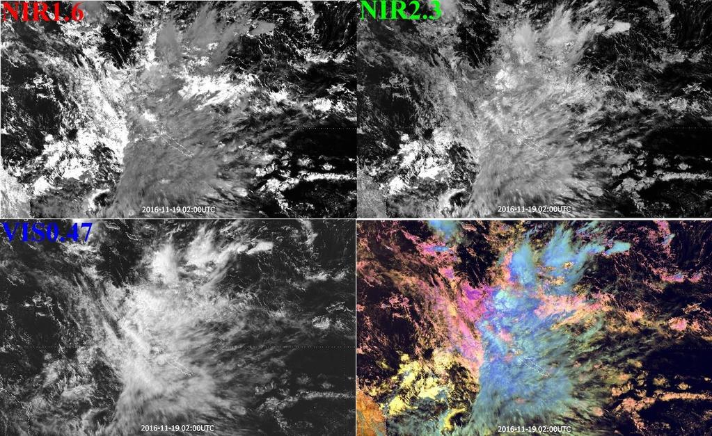 6.5. ábra: 2016.11.19. 2:00 UTC-kor Csendes-óceán felett lévő zivatarrendszer. Bal fenn NIR1.6 (0-50% reflektivitás tartomány), Jobb fenn NIR2.25 (0-50% reflektivitás tartomány), Bal lenn VIS0.