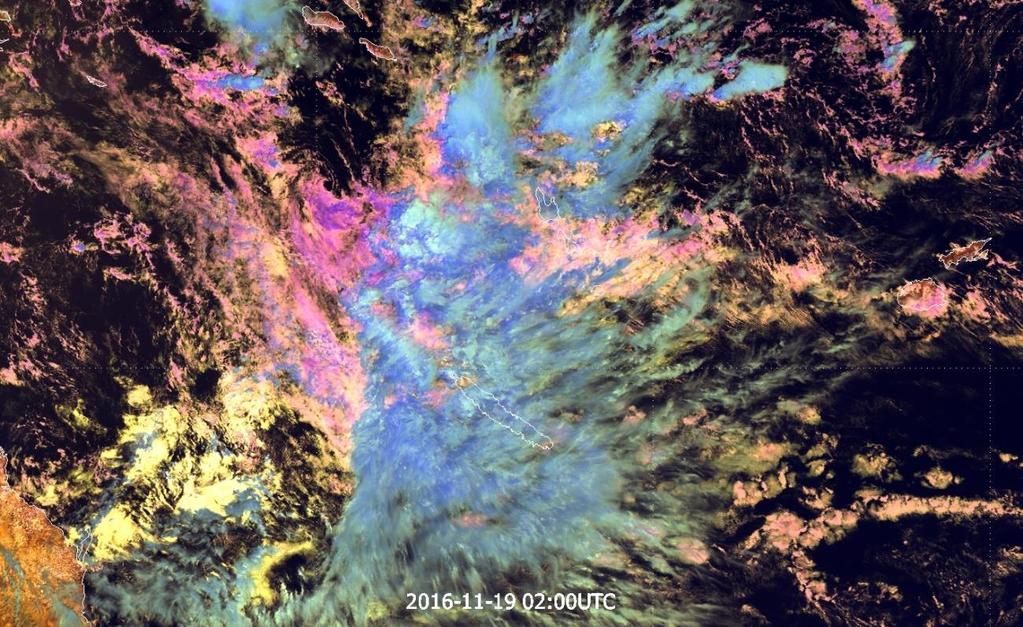 6.6. ábra: 2016.11.19. 2:00 UTC-kor Csendes-óceán felett lévő zivatarrendszer Felhőfázis RGB kompozit képe. Az RGB kép hangolásához sok esetet vizsgáltam.