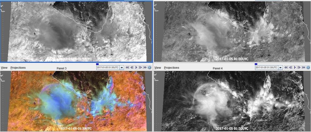ábra: 2017-01-05 1:50 UTC-kor Ausztráliában lévő zivatarrendszer. Bal fenn NIR1.6 (0-50% reflektivitás tartomány), Jobb fenn NIR2.
