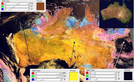 6.13. ábra: 2017-01-05 1:50 UTC-kor Ausztrália Felhőfázis RGB kompozit képe. A Felhőfázis RGB kompozit képeken a hó tipikus színe sötétkék.