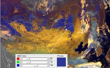 6.15. ábra: 2017-03-12 4:20 UTC-kor Mongóliáról és a környező területekről készült Felhőfázis RGB kompozit kép. (Putsay Mária képe) A felhők tipikus színeinek bemutatásával folytatom.