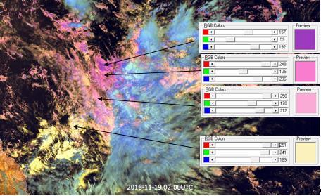 6.17. ábra: 2016-11-19 2:00 UTC-kor a Csendes-óceán felett lévő felhőzetről készült Felhőfázis RGB kompozit kép.