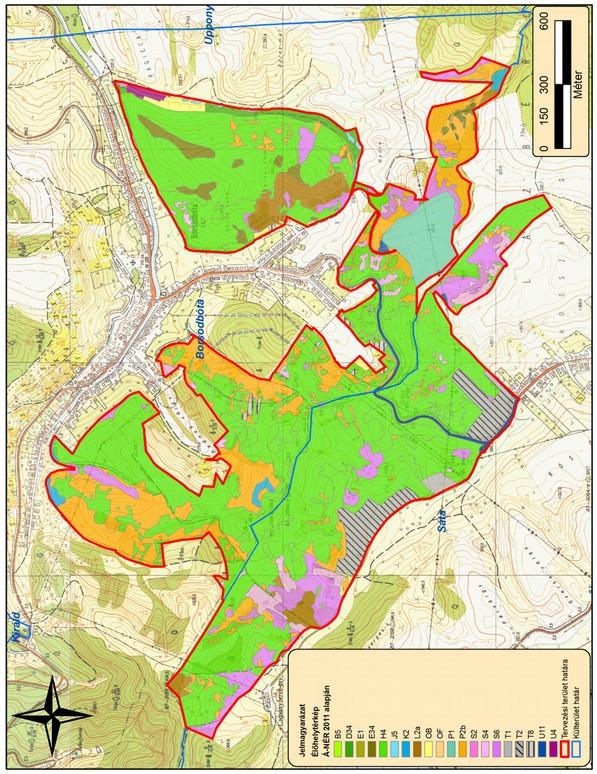 6. ábra: A tervezési terület élőhelytérképe (2014) (B5 - Nem zsombékoló magassásrétekd34 Mocsárrétek; E1 - Franciaperjés rétek; E34 - Hegy-dombvidéki sovány gyepek; H4 - Félszáraz irtásrétek, száraz