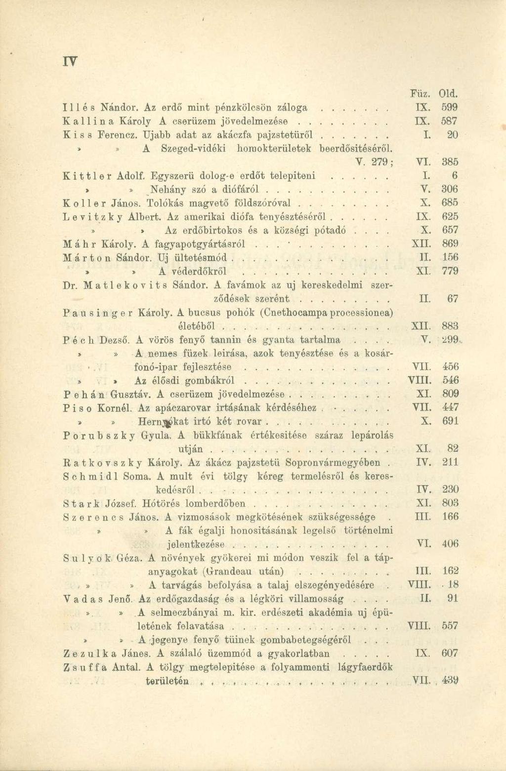 rv Füz. Old. Illés Nándor. Az erdő mint pénzkölcsön záloga IX. 599 K a 11 i n a Károly A cserüzem jövedelmezése IX. 687 Kiss Ferencz. Ujabb adat az ákáczfa pajzstetüről I.