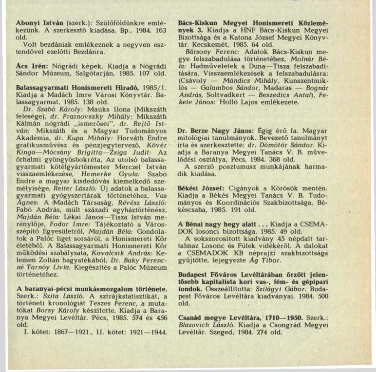 1985 6 HONISMERET M V a i W M J H B I 0 [ [ 0 3 A HAZAFIAS NÉPFRONT FOLYÓIRATA HONISMERETI BIBLIOGRÁFI Abonyi István (szerk.): Szülőföldünkre emlékezünk. A szerkesztő kiadása. Bp., 1984. 163 old.