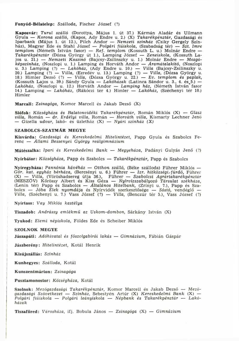 Fonyód-Bélatelep: Szálloda, Fischer József (?) Kaposvár: Turul szálló (Dorottya, Május 1. út 37.) Kármán Aladár és Ullmann Gyula Korona szálló, (Kapós, Ady Endre u. 2.
