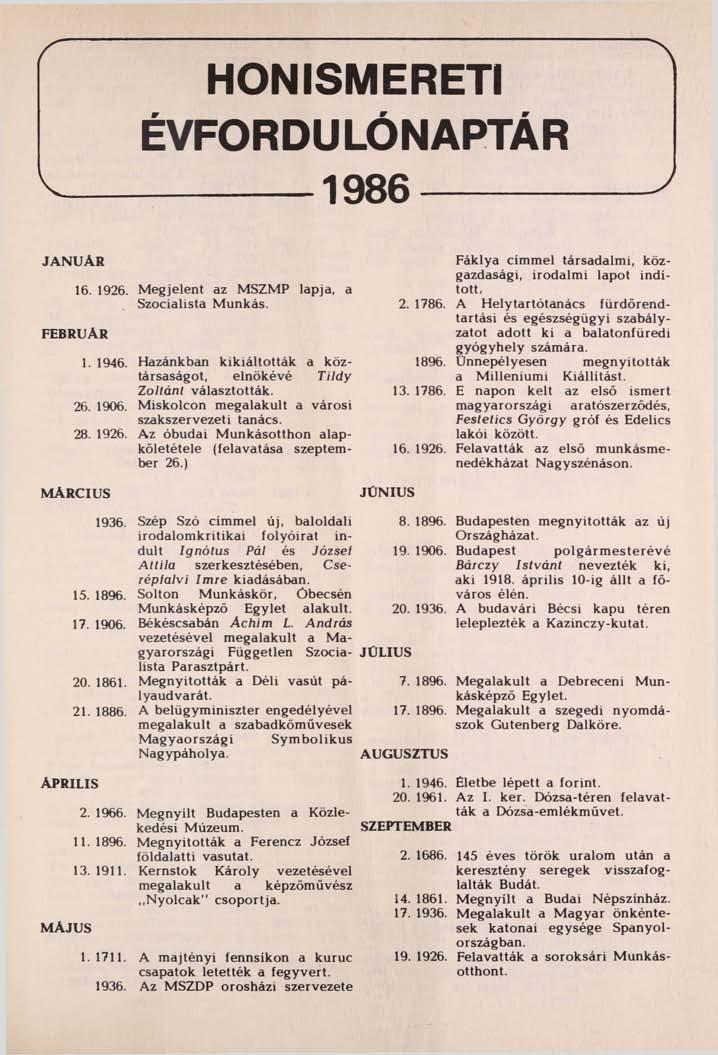 HONISMERETI ÉVFORDULÓNAPTÁR 1986 JANUAR FEBRUAR 16. 1926. Megjelent az MSZMP lapja, a Szocialista Munkás. 1. 1946. Hazánkban kikiáltották a köztársaságot, elnökévé Tildy Zoltánt választották. 26.