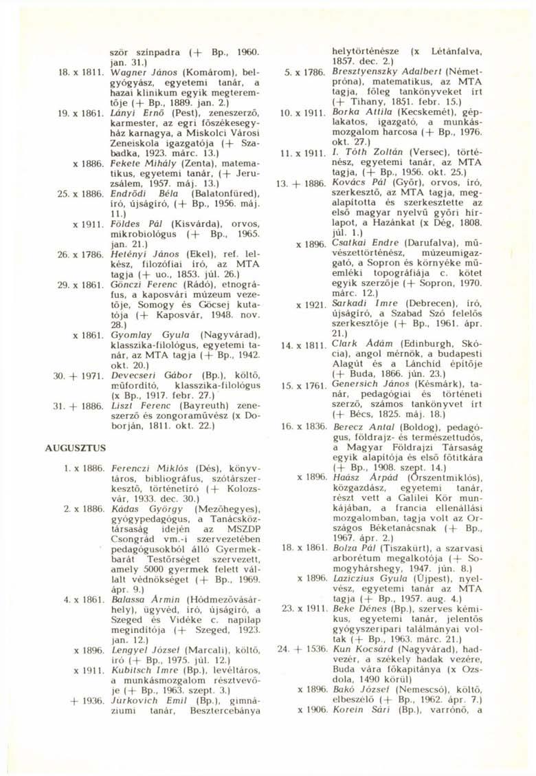 szőr színpadra (+ Bp., 1960. jan. 31.) 18. x 1811. Wagner János (Komárom), belgyógyász, egyetemi tanár, a hazai klinikum egyik megteremtője ( + Bp., 1889. jan. 2.) 19. x 1861.