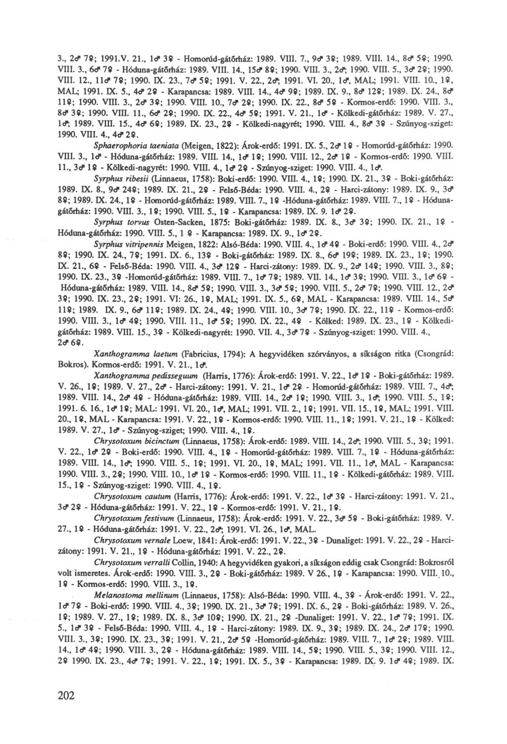 3., 2<f 79; 1991.V. 21., Id" 39 - Homorúd-gátőrház: 1989. VIII. 7., 9& 39; 1989. VIII. 14., 8 ^ 59; 1990. VIII. 3 6& 79 - Hóduna-gátőrház: 1989. VIII. 14., 15tf 89; 1990. VIII. 3., 2d\ 1990. VIII. 5., 3d- 29; 1990.