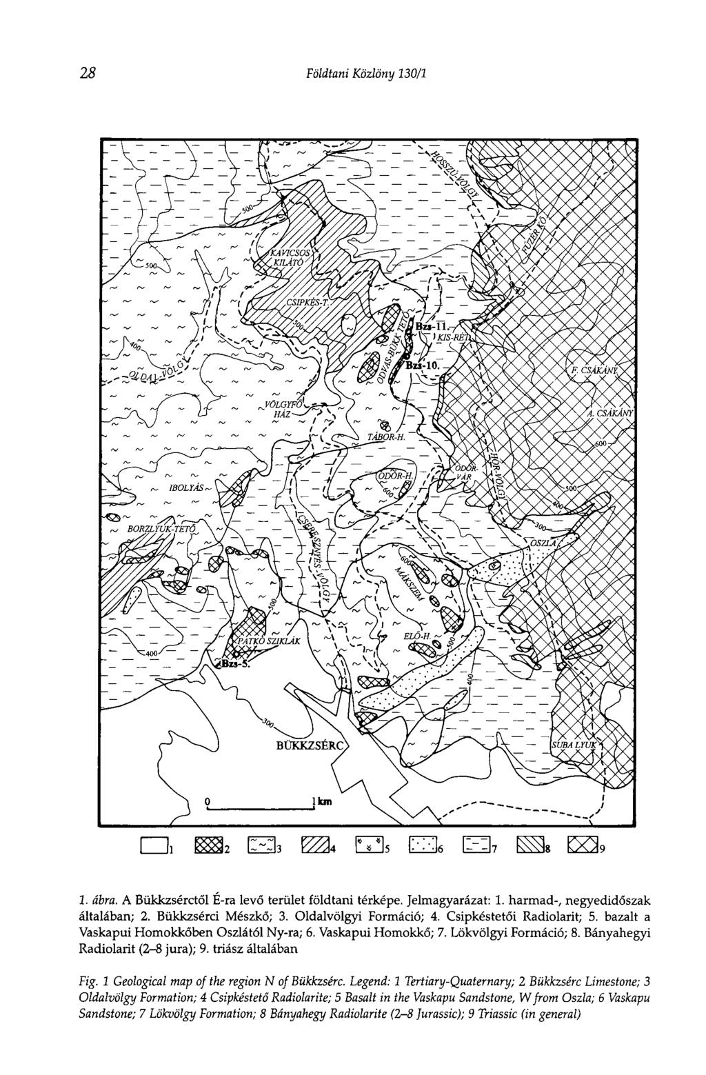 28 Földtani Közlöny 130/1 1. ábra. A Bükkzsérctől É-ra levő terület földtani térképe. Jelmagyarázat: 1. harmad-, negyedidőszak általában; 2. Bükkzsérci Mészkő; 3. Oldalvölgyi Formáció; 4.