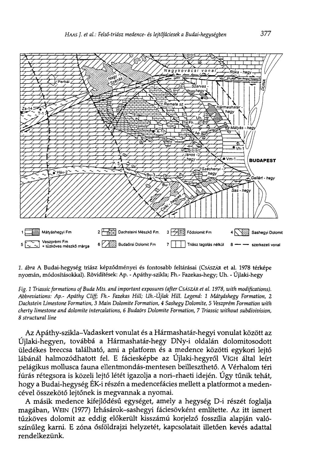 HAAS J. et al: Felső-triász medence- és lejtőfáciesek a Budai-hegységben 377 1. ábra A Budai-hegység triász képződményei és fontosabb feltárásai (CSÁSZÁR et al. 1978 térképe nyomán, módosításokkal).