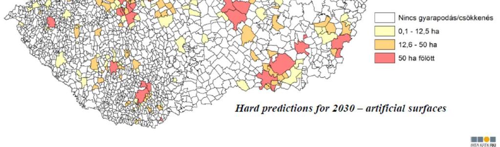 A mesterséges felszínborítás növekedése Lennert-Farkas 2015-ös modellezése 40 alapján az agglomerálódó térségekben várható a legerőteljesebben (11. ábra).