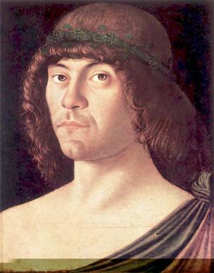 Lauro Padovano (?): Raffaële Zovenzoni. Miniatöra részlete, tükrôztetve. (Milánñ, Biblioteca Trivulziana, Pergamene sciolte, C 56.) 3. Giovanni Bellini: Raffaële Zovenzoni poeta laureatus (c.
