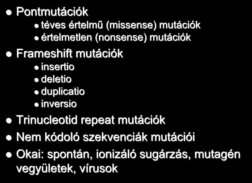 Génmutációk Pontmutációk téves értelmű (missense) mutációk értelmetlen (nonsense) mutációk Frameshift mutációk insertio deletio duplicatio