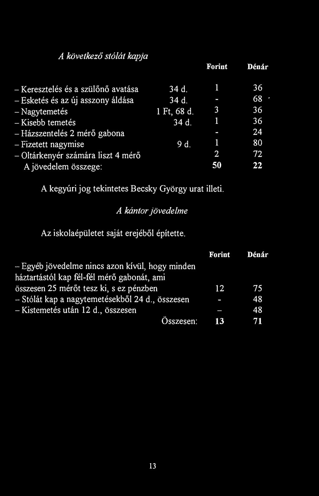 A következő stólát kapja Forint Dénár - Keresztelés és a szülőnő avatása 34 d. 1 36 - Esketés és az új asszony áldása 34 d. - 68 - - Nagytemetés 1 Ft, 68 d. 3 36 - Kisebb temetés 34 d.