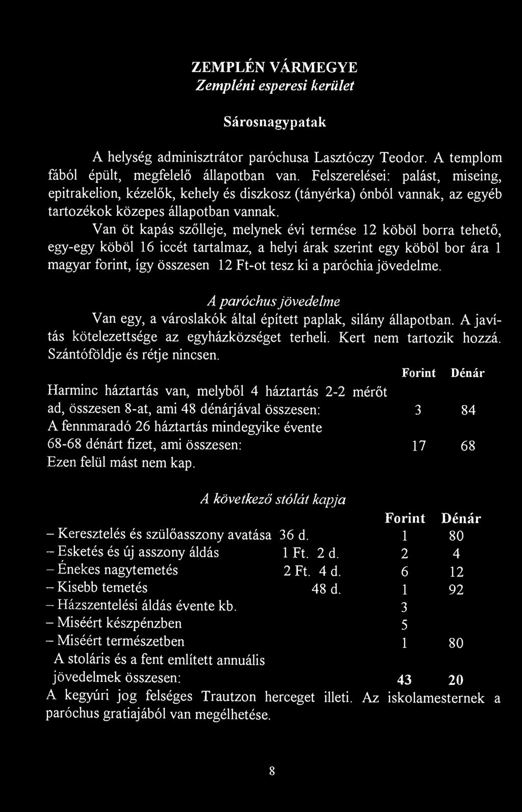 ZEMPLÉN VÁRMEGYE Zempléni esperesi kerület Sárosnagypatak A helység adminisztrátor paróchusa Lasztóczy Teodor. A templom fából épült, megfelelő állapotban van.