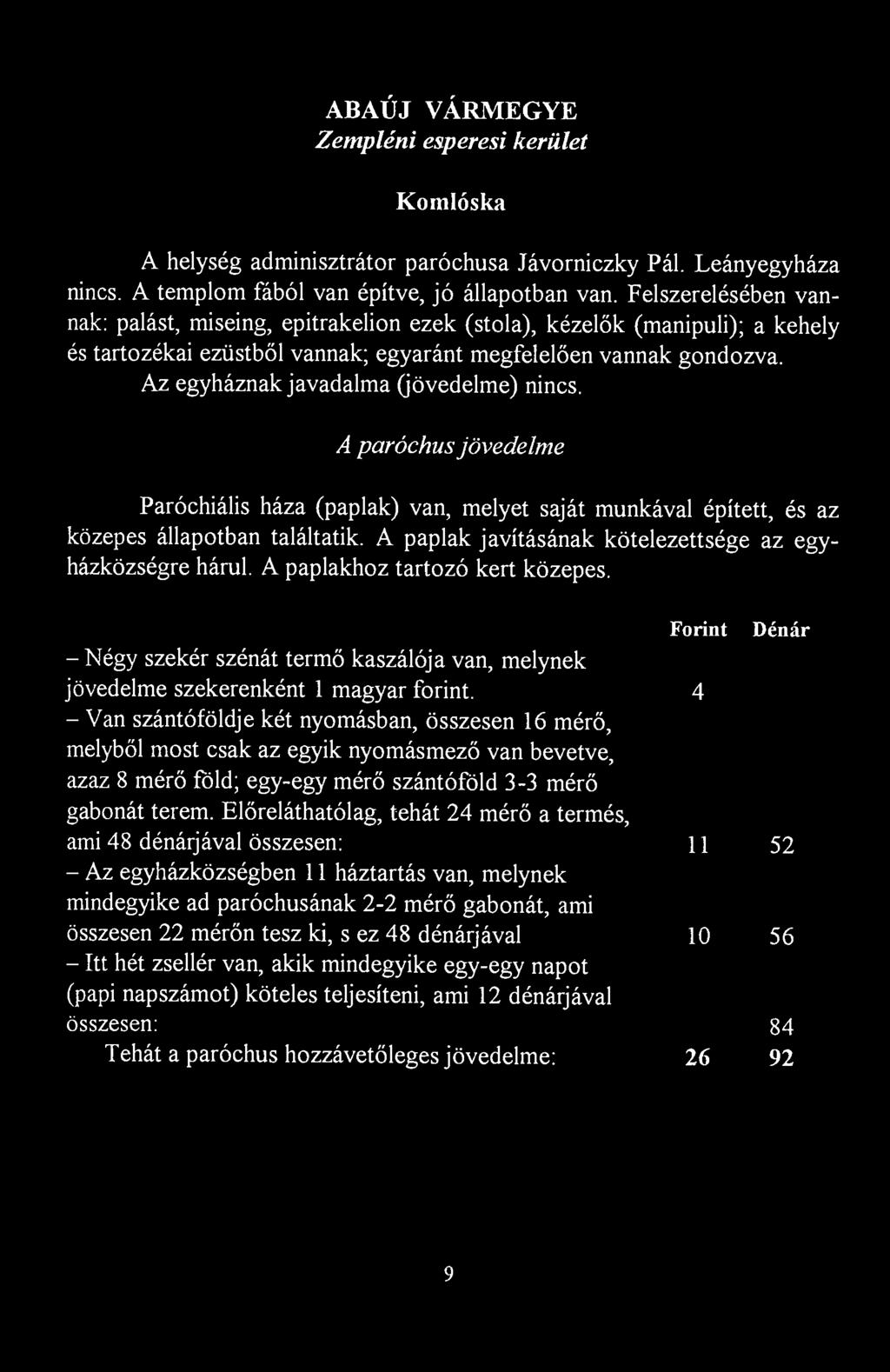 ABAÚJ VÁRMEGYE Zempléni esperest kerület Komlóska A helység adminisztrátor paróchusa Jávorniczky Pál. Leányegyháza nincs. A templom fából van építve, jó állapotban van.