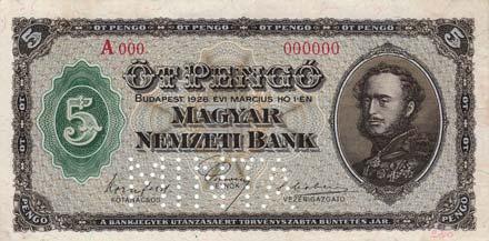 5 Pengô Bankjegy MINTA perforáció /Muster Perforation/ 1938 Budapest Tervezô /Entwerfer/ Franke
