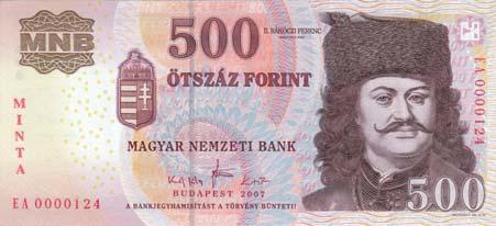 500 Forint Bankjegy MINTA felülnyomás /Muster Überdruck/ 2007, pöttyös /mit punkten/ Budapest Tervezô /Entwerfer/ Vagyóczky Károly és Pálinkás György mint elôzô /wie vorher/ Adamo: F54DM, Sorozatszám