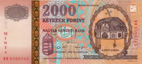2000 Forint Bankjegy MINTA felülnyomás /Muster Überdruck/ 2000, Budapest Tervezô /Entwerfer/ Vagyóczky Károly Av: ovális guilloche