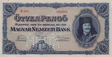 100 Pengô Bankjegy MINTA perforáció /Muster Perforation/ 1926 Budapest Tervezô /Entwerfer/