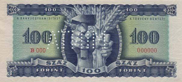 100 Forint Bankjegy MINTA perforáció /Muster Perforation/ 1946 Budapest Tervezô /Entwerfer/ Horváth
