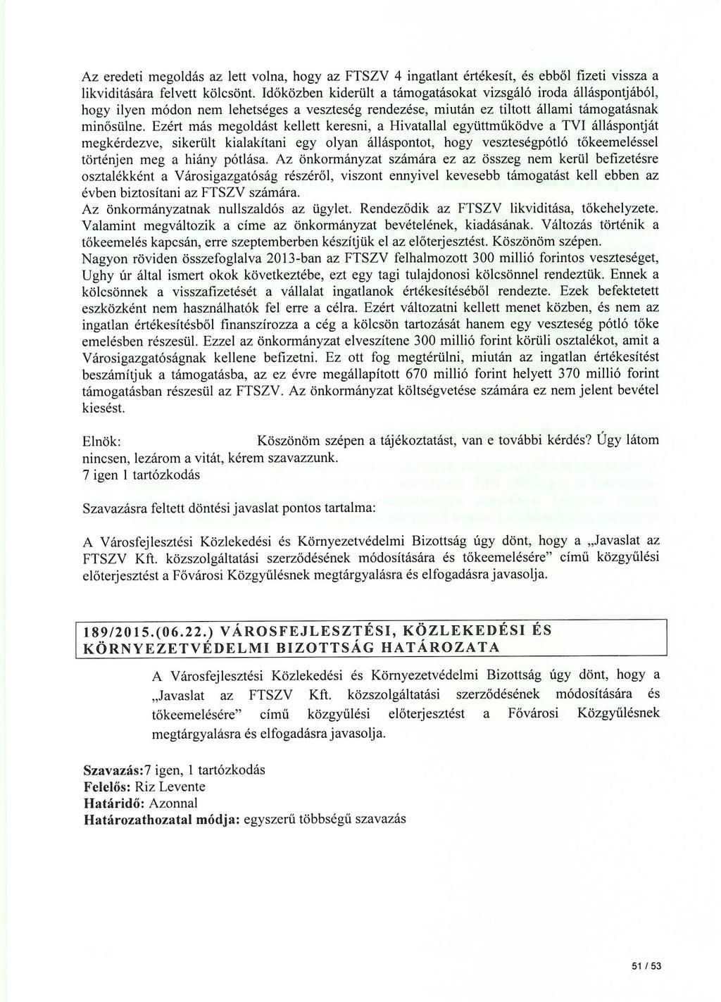 Az eredeti megoldás az lett volna, hogy az FTSZV 4 ingatlant értékesít, és ebből fi zeti vissza a likviditására felvett kölcsönt.